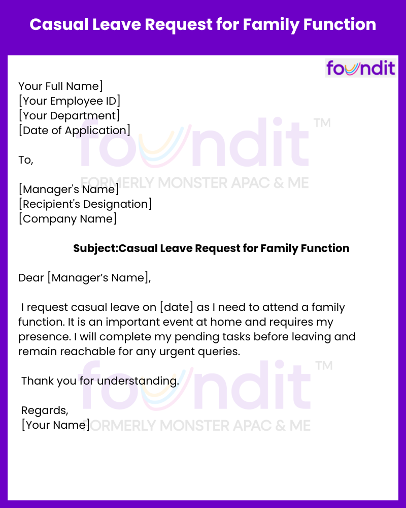 Casual leave sample for family function